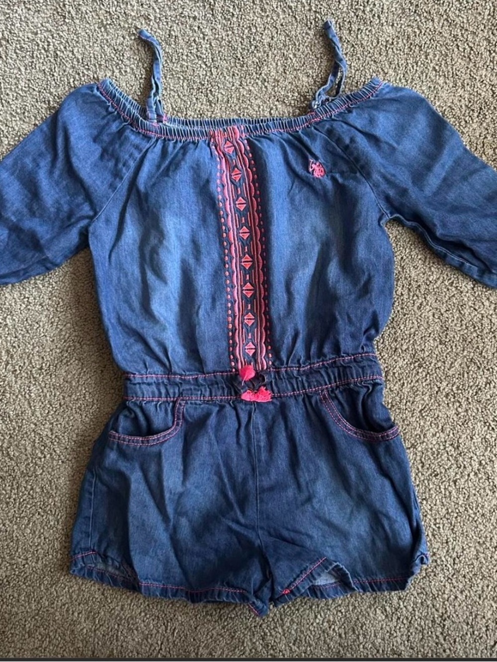 U.S. Polo Assn. Blue Denim Romper with Pink Accents kids size 10